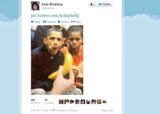 Russian figure skater Irina Rodnina tweeted this doctored photo of Barack and Michelle Obama, then said she’d been hacked.